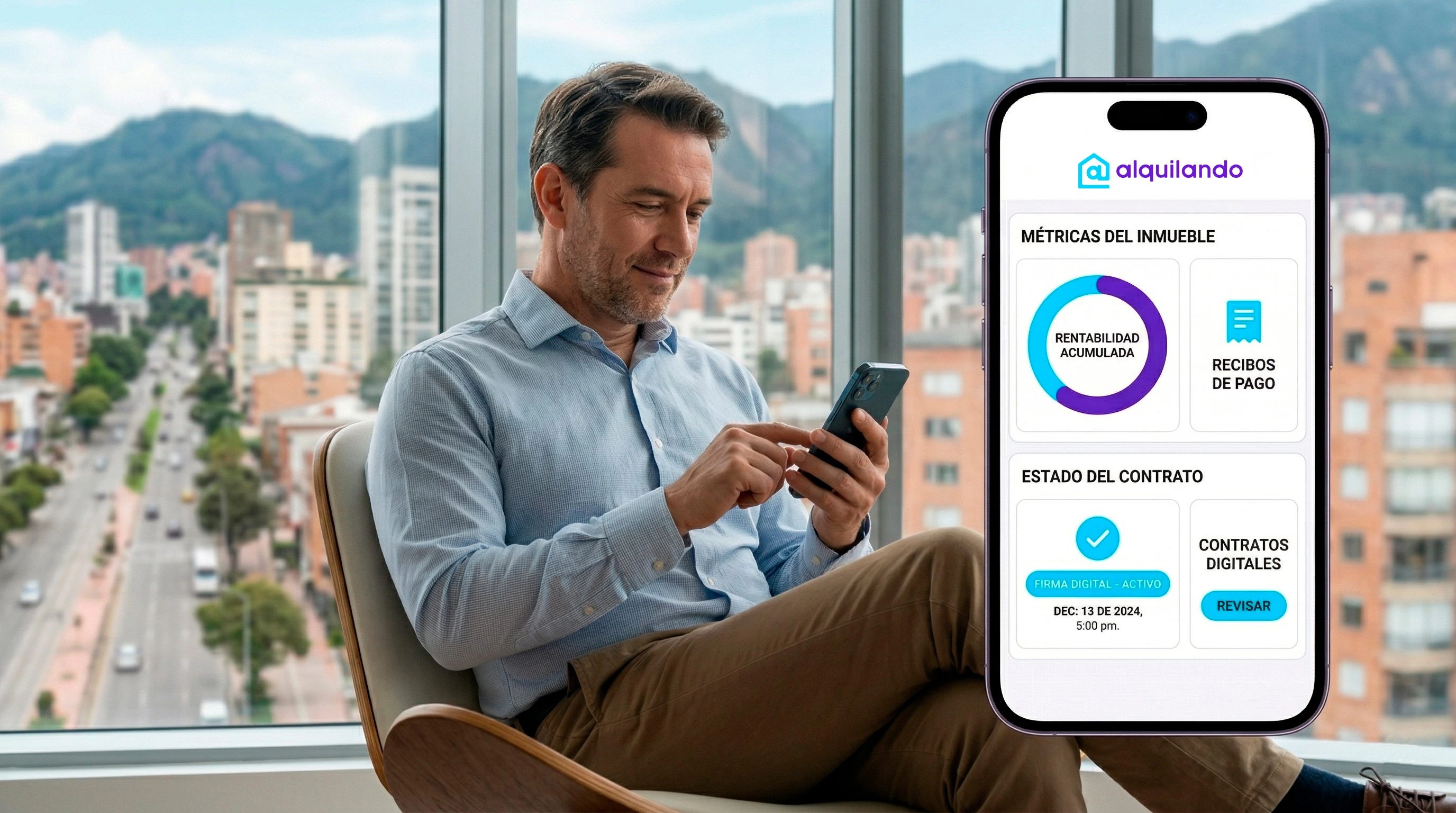 Propietario revisando métricas y contratos de su inmueble desde un smartphone.